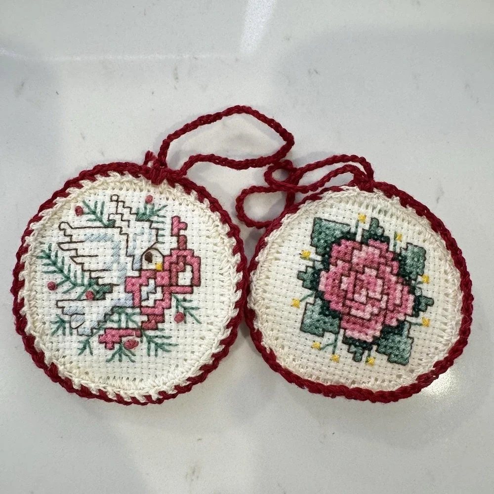 Vintage Cross-Stitch Christmas Ornaments Cottage Core Round Lot 90s Handmade